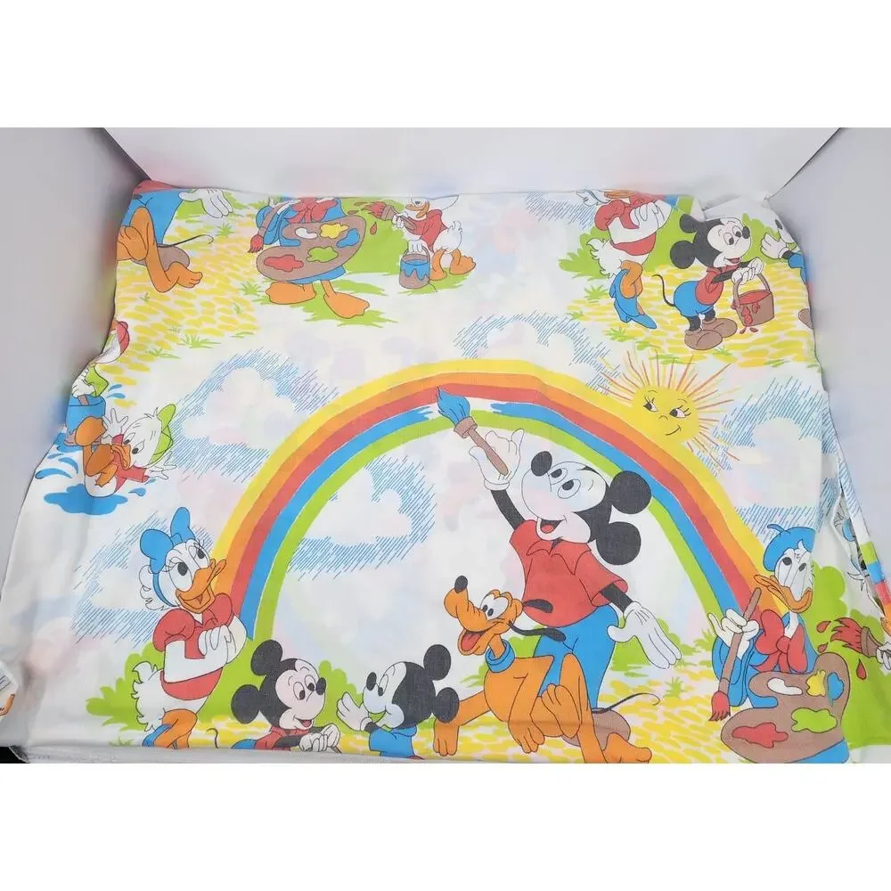 Vtg Mickey Mouse Twin Sheet Set Donald Duck Pluto Painting Rainbow 3pc Disney